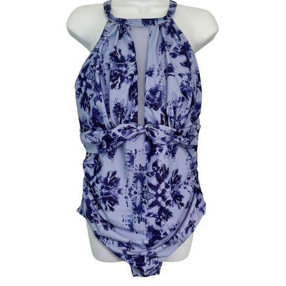 Aqua Eve Purple One Piece Mesh V Neck Halter Swimsuit Size 16W - Picture 3 of 12